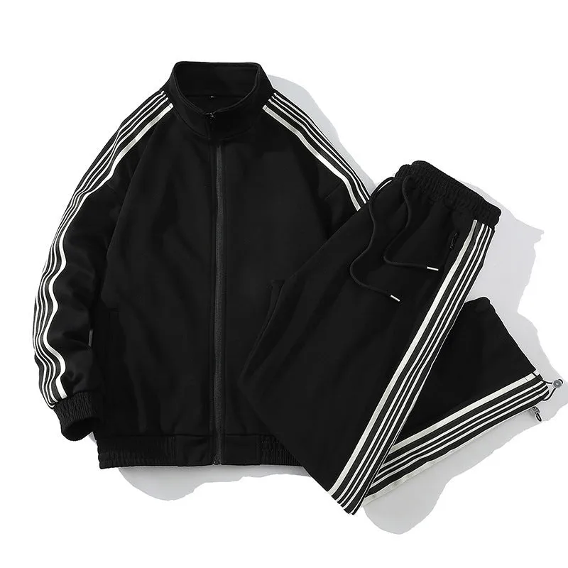 Men's cotton straight striped sports suit in khaki with long sleeve top and cropped pants