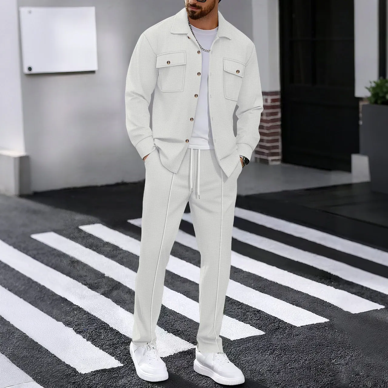 Men's waffle casual suit in khaki showing long-sleeved top and trousers, polyester fibre fabric, young casual autumn style