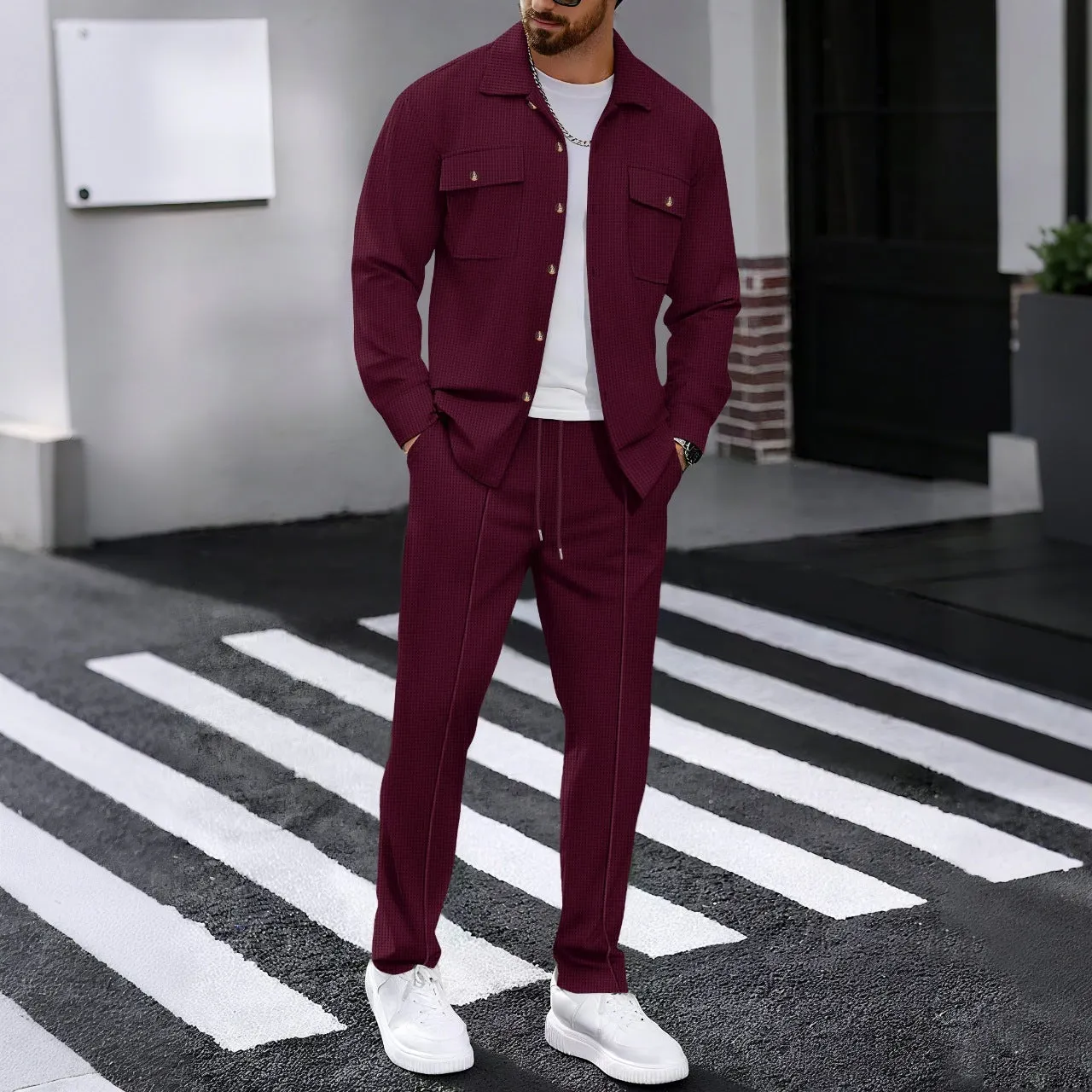 Men's waffle casual suit in khaki showing long-sleeved top and trousers, polyester fibre fabric, young casual autumn style