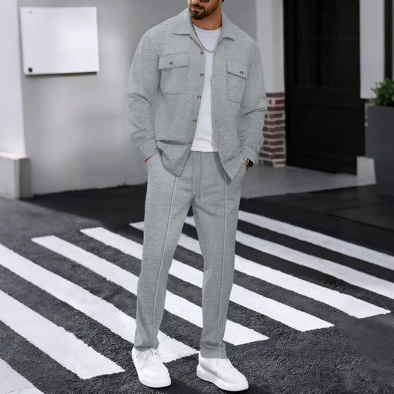 Men's waffle casual suit in khaki showing long-sleeved top and trousers, polyester fibre fabric, young casual autumn style