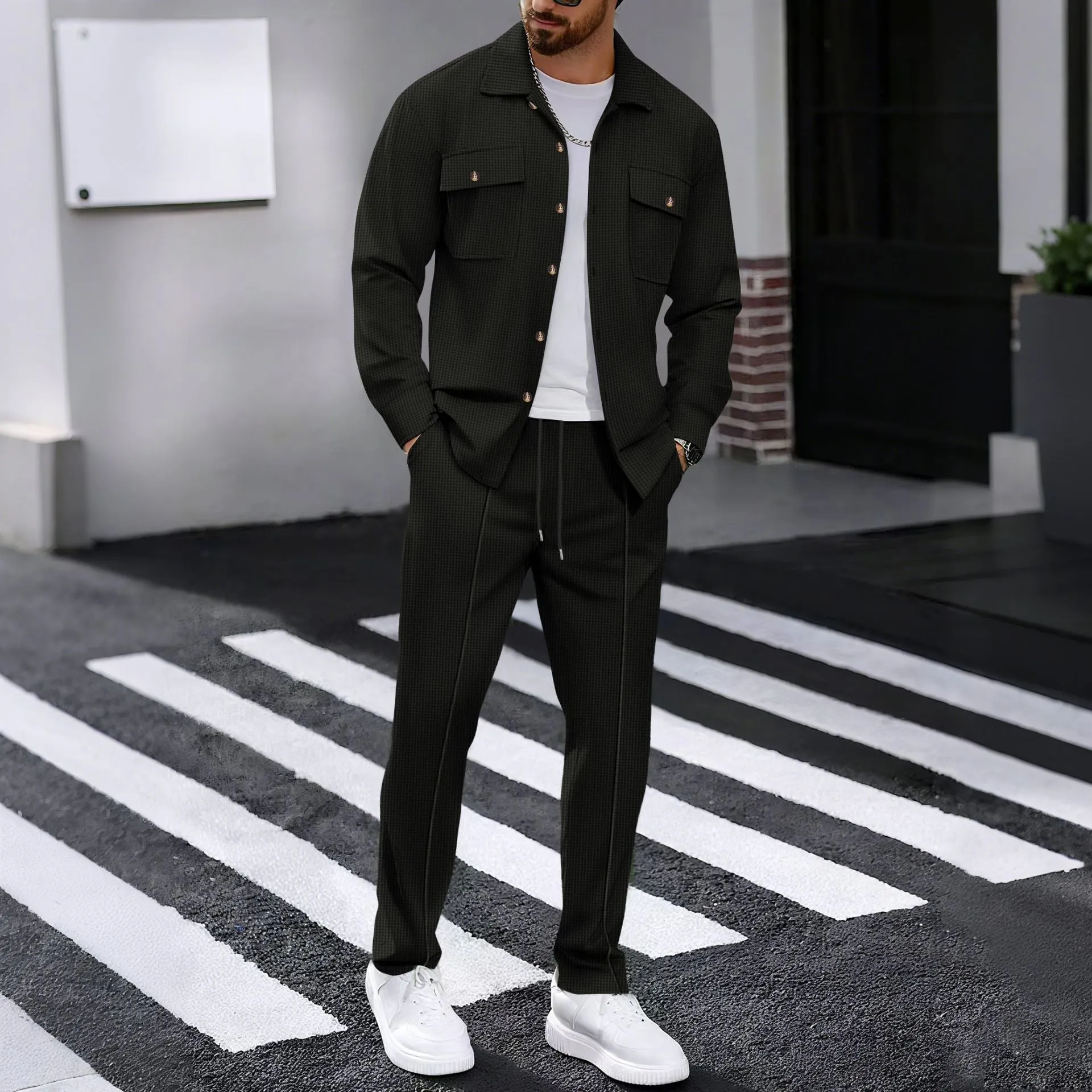 Men's waffle casual suit in khaki showing long-sleeved top and trousers, polyester fibre fabric, young casual autumn style