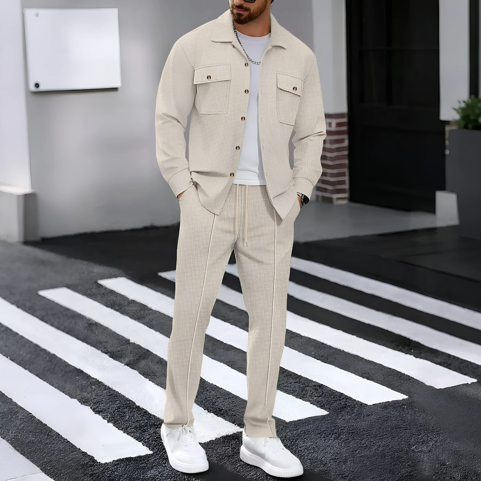 Men's waffle casual suit in khaki showing long-sleeved top and trousers, polyester fibre fabric, young casual autumn style
