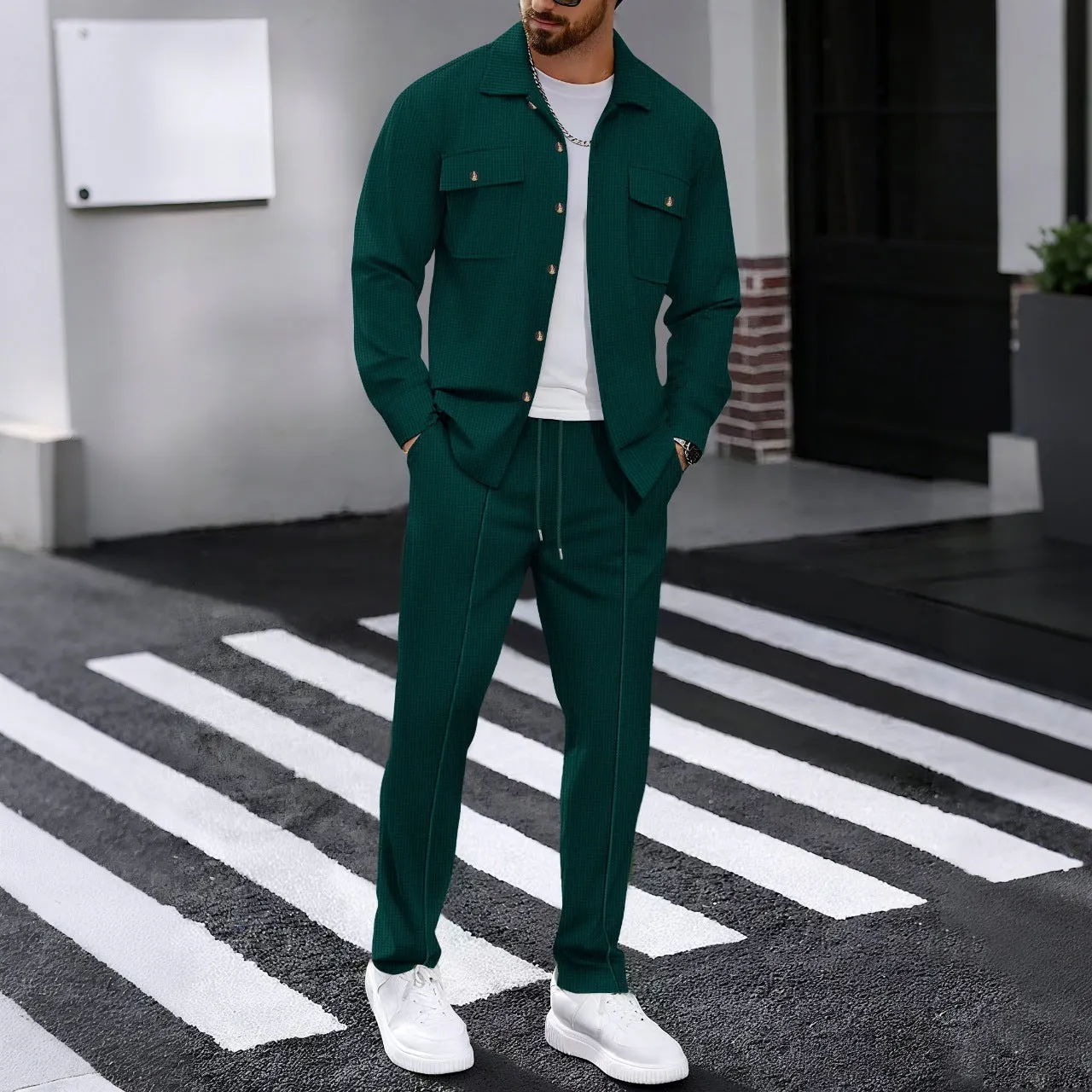 Men's waffle casual suit in khaki showing long-sleeved top and trousers, polyester fibre fabric, young casual autumn style