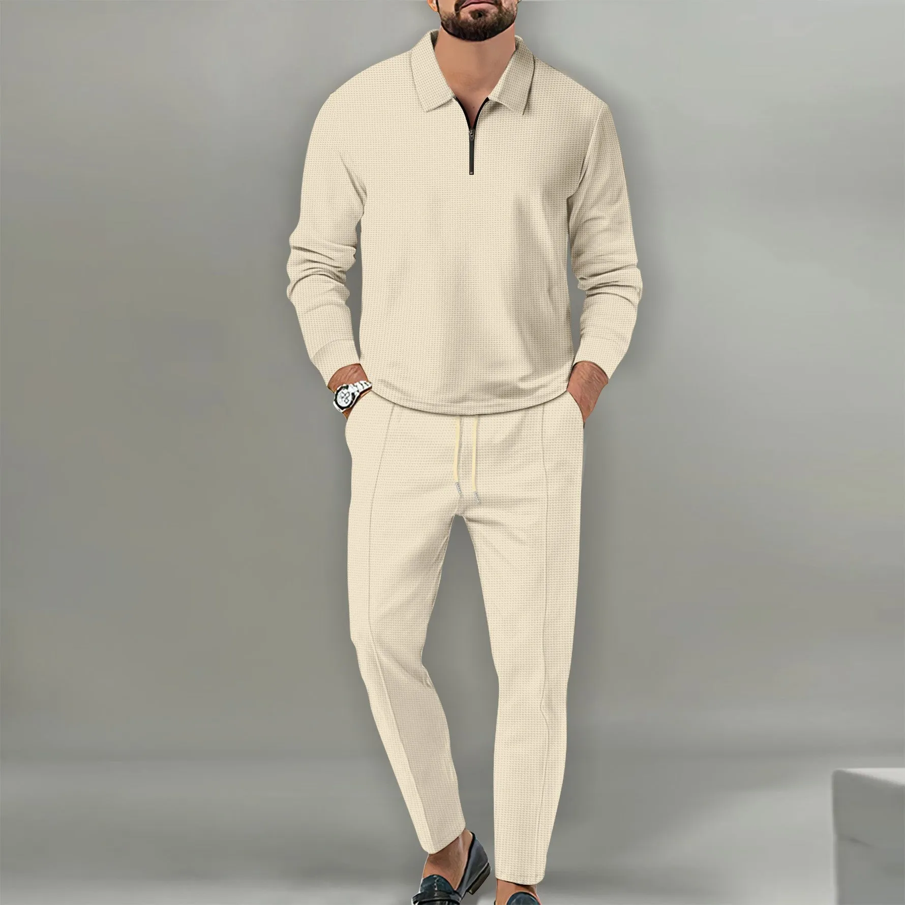Men's waffle solid colour zipper long sleeve trousers suit in black, young casual style