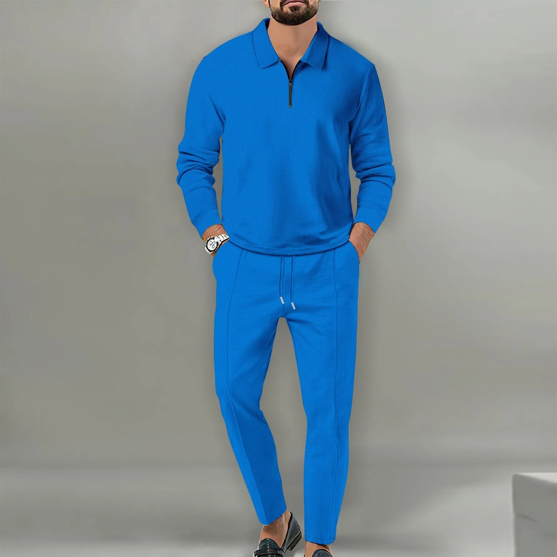 Men's waffle solid colour zipper long sleeve trousers suit in black, young casual style
