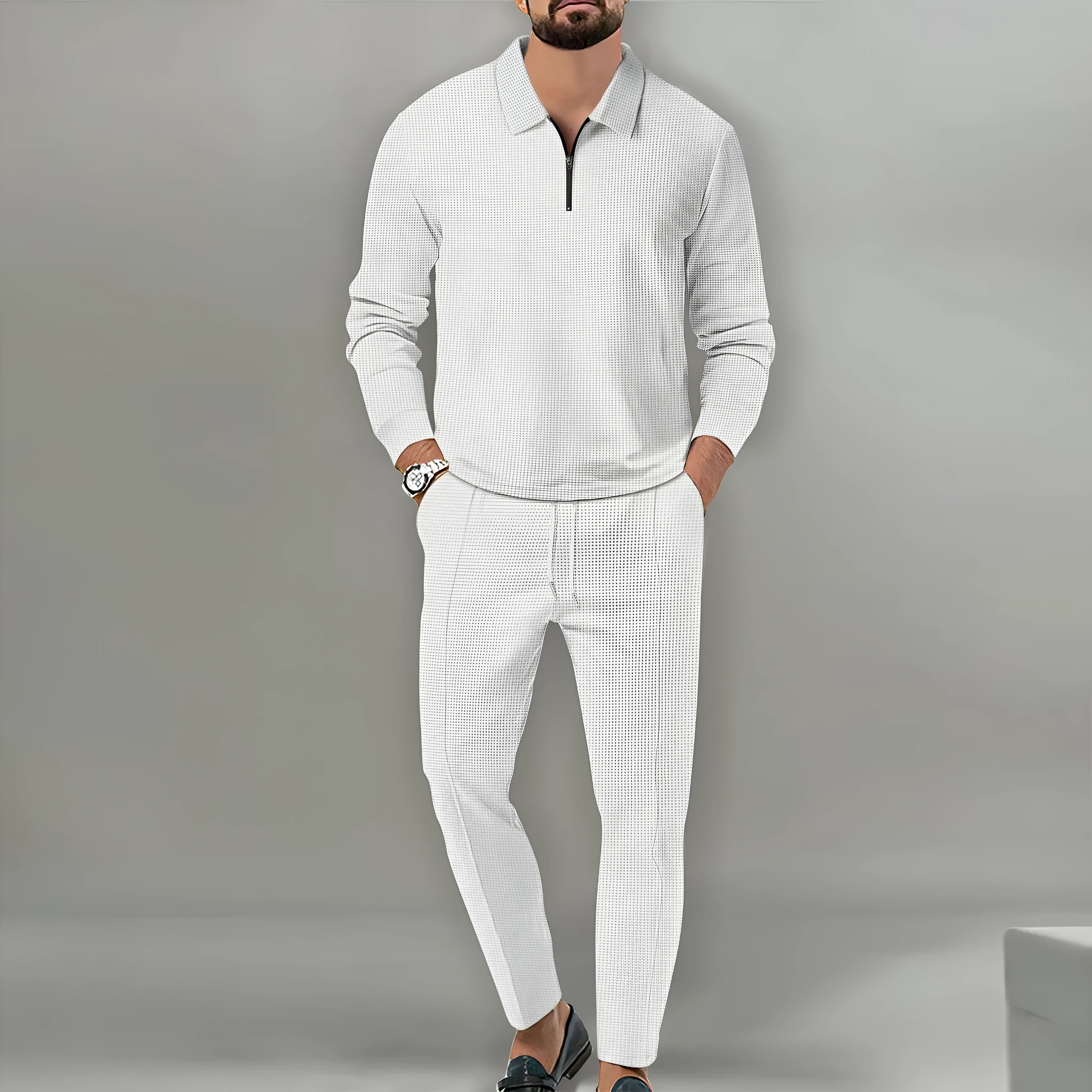 Men's waffle solid colour zipper long sleeve trousers suit in black, young casual style
