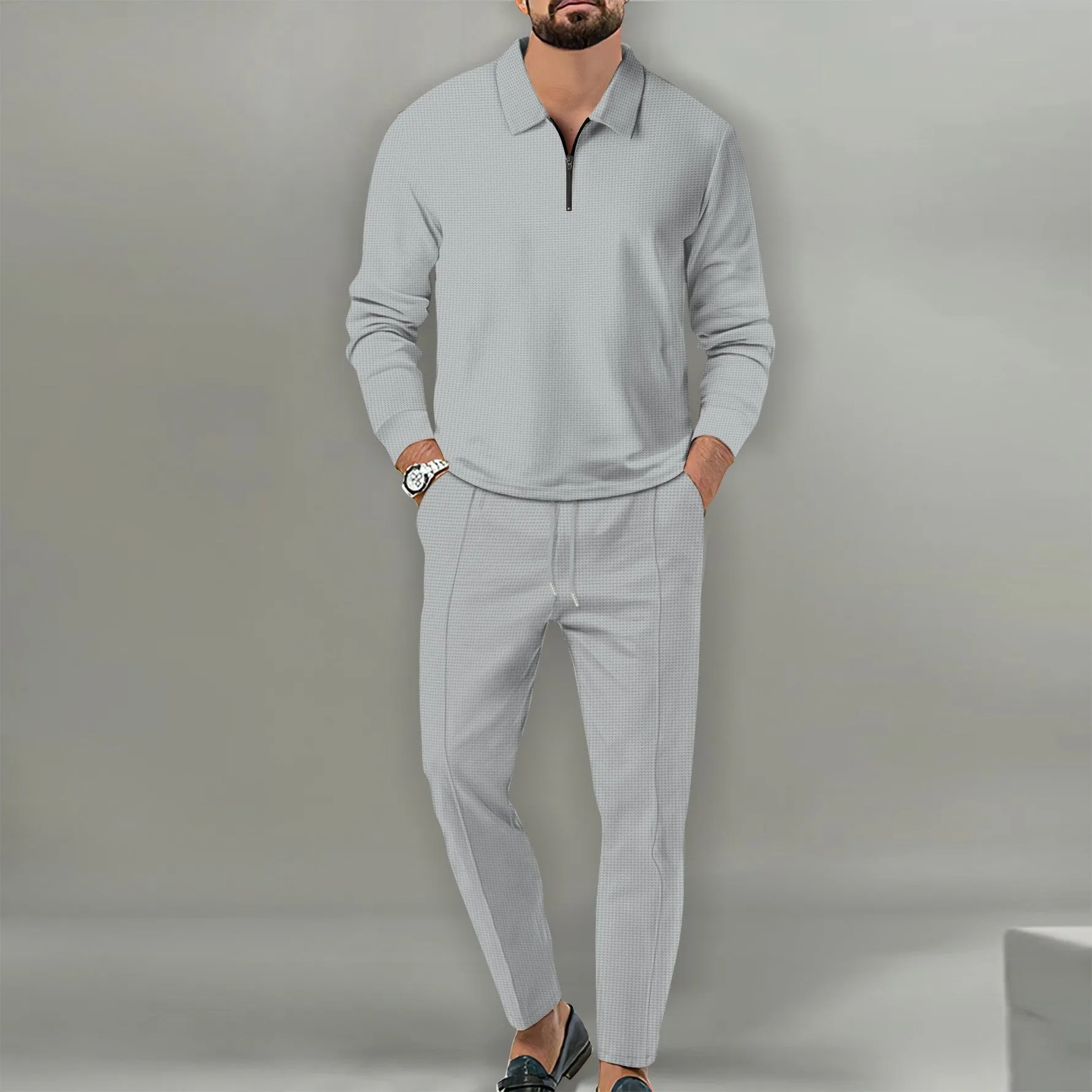 Men's waffle solid colour zipper long sleeve trousers suit in black, young casual style