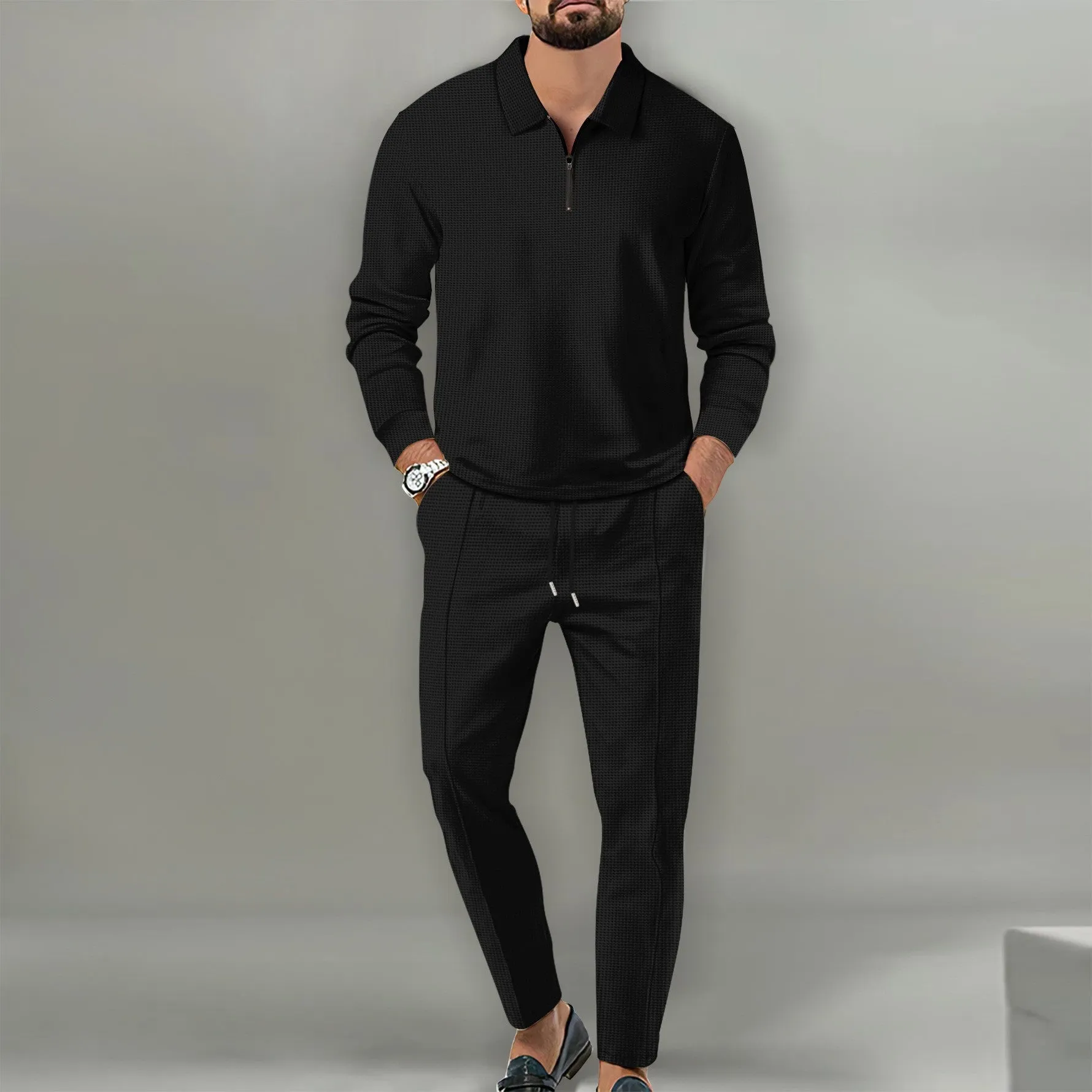 Men's waffle solid colour zipper long sleeve trousers suit in black, young casual style