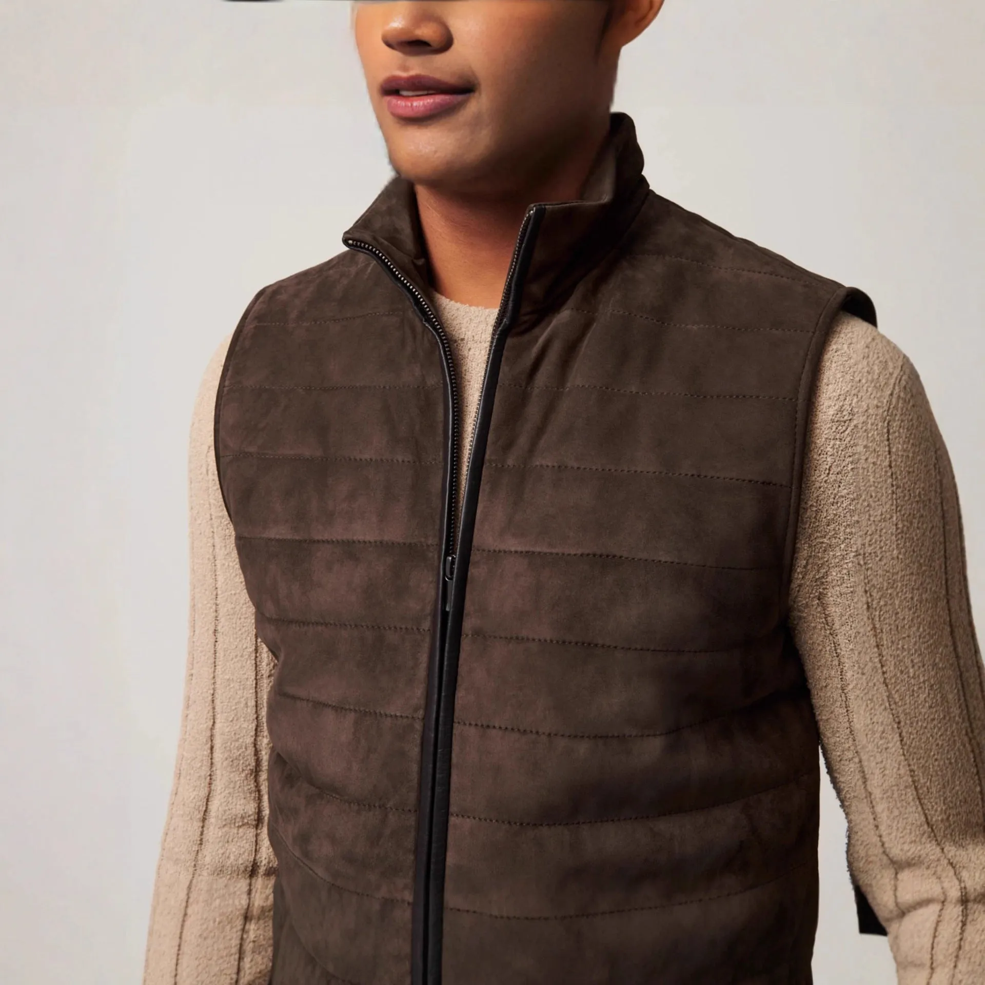 Leather style men's brown polyester vest jacket with horizontal stitching and straight hem