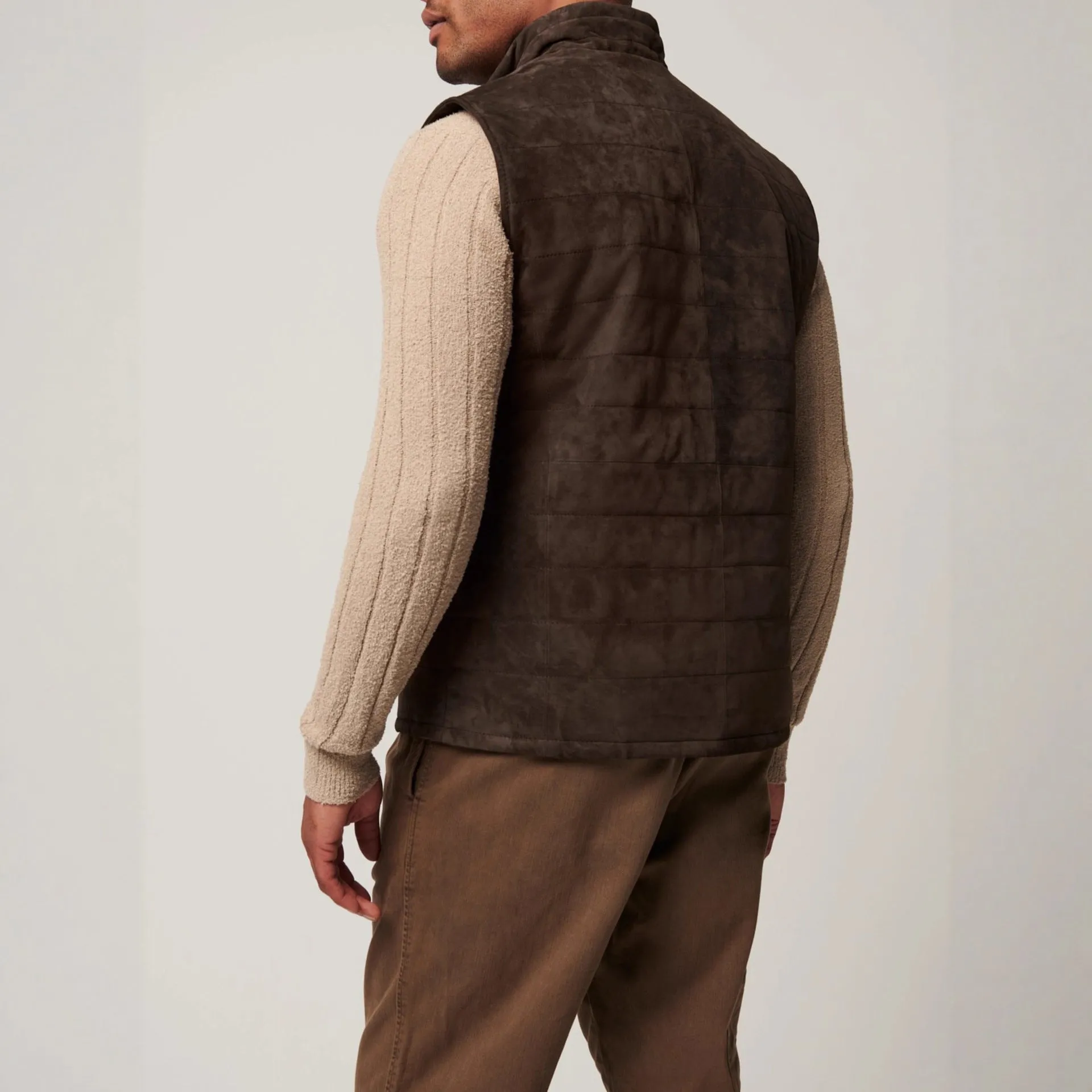 Leather style men's brown polyester vest jacket with horizontal stitching and straight hem