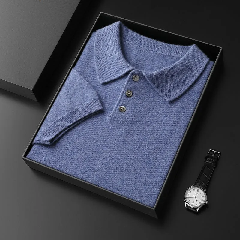 Men's cashmere polo collar elbow-sleeve top in light camel, loose fit pullover style