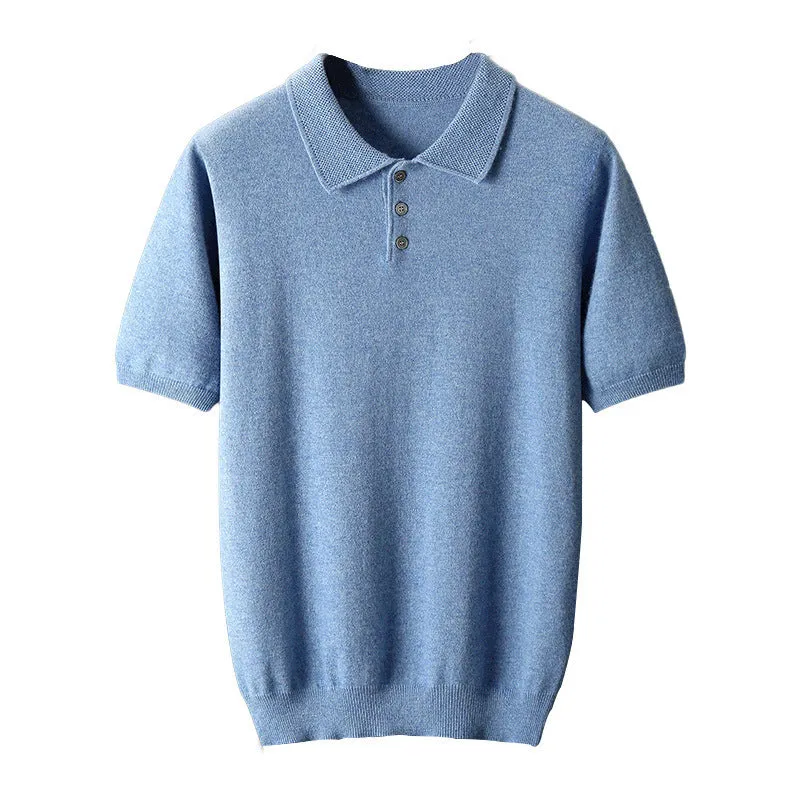 Men's cashmere polo collar elbow-sleeve top in light camel, loose fit pullover style