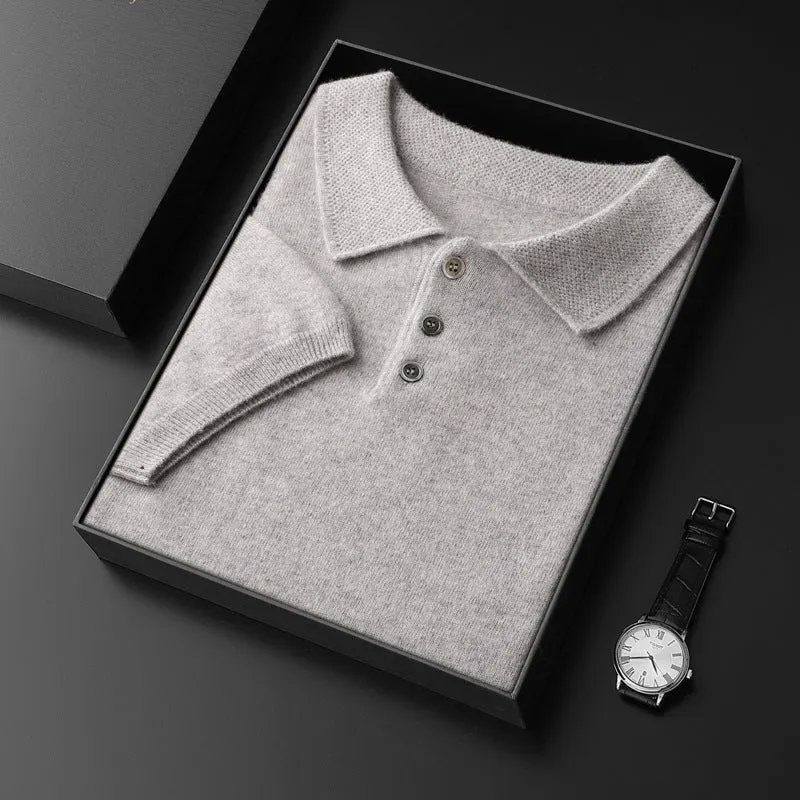 Men's cashmere polo collar elbow-sleeve top in light camel, loose fit pullover style
