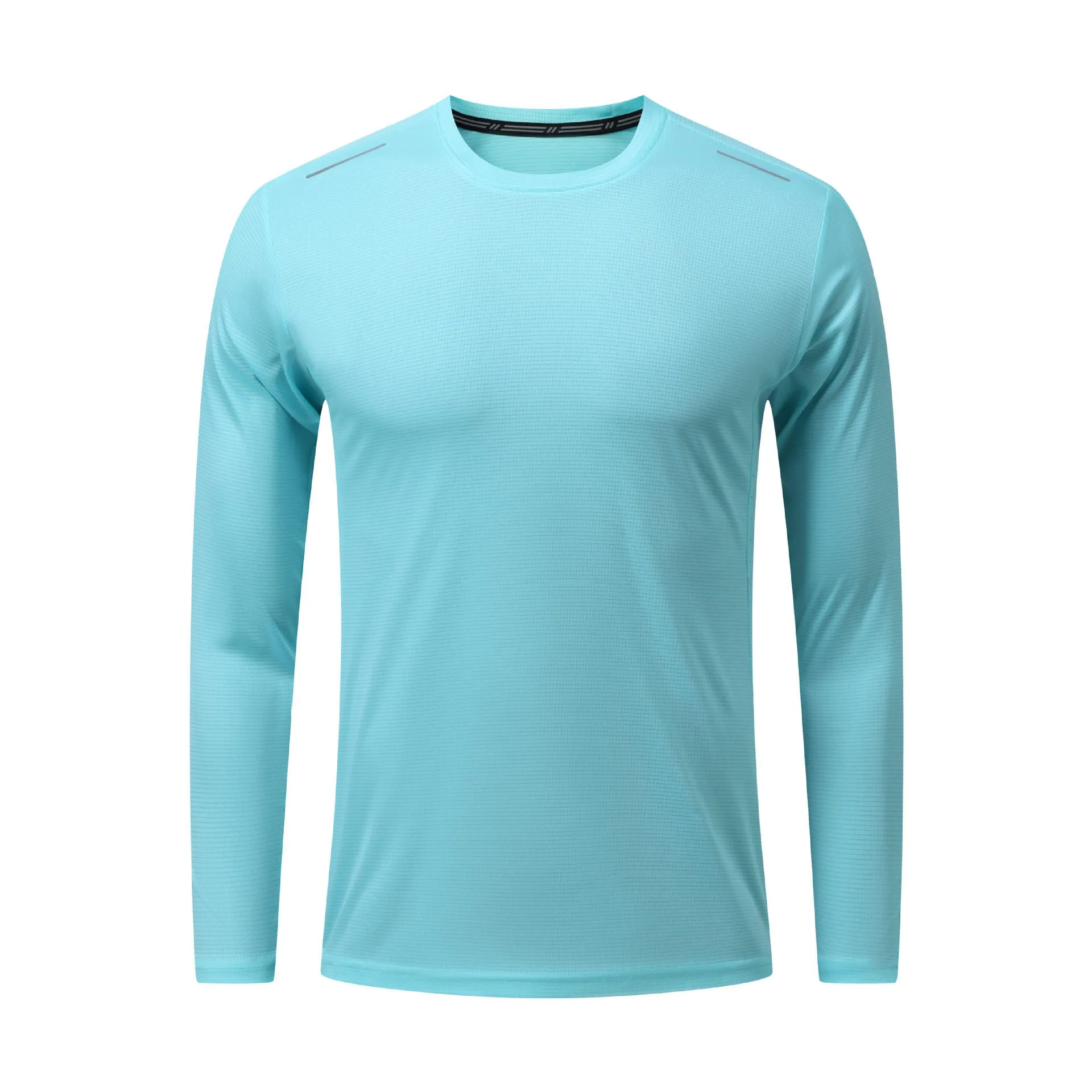 Solid colour men's polyester running top in sky blue, front view, quick-dry fabric for fitness