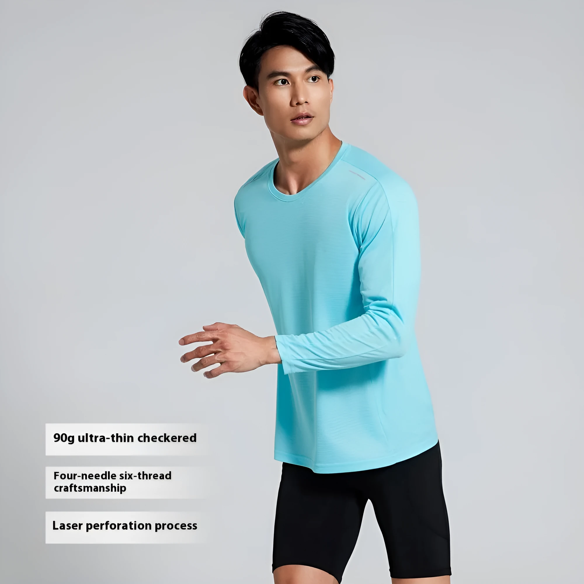 Solid colour men's polyester running top in sky blue, front view, quick-dry fabric for fitness