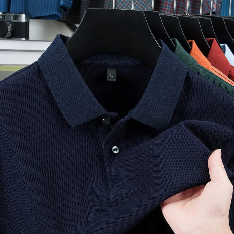 Men's casual polo collar short sleeve top in mercerized cotton, available in multiple solid colours