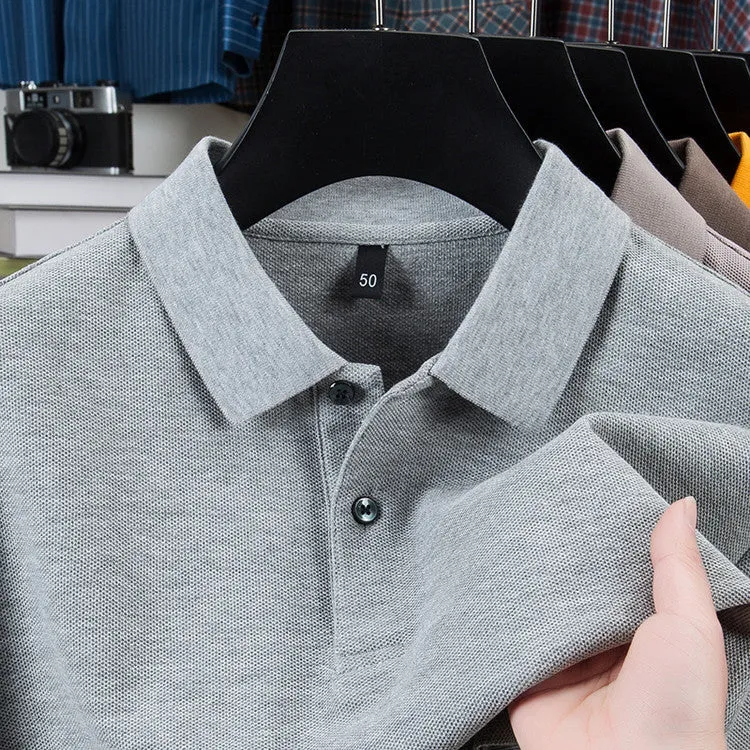 Men's casual polo collar short sleeve top in mercerized cotton, available in multiple solid colours