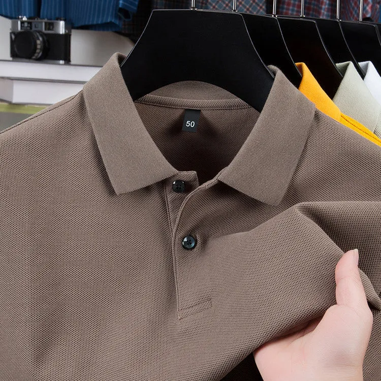Men's casual polo collar short sleeve top in mercerized cotton, available in multiple solid colours