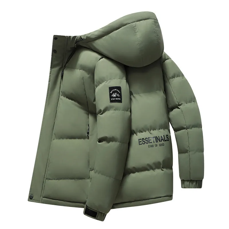 Men's hooded thickened cold-proof coat with polyester filling in black, front view, loose fit
