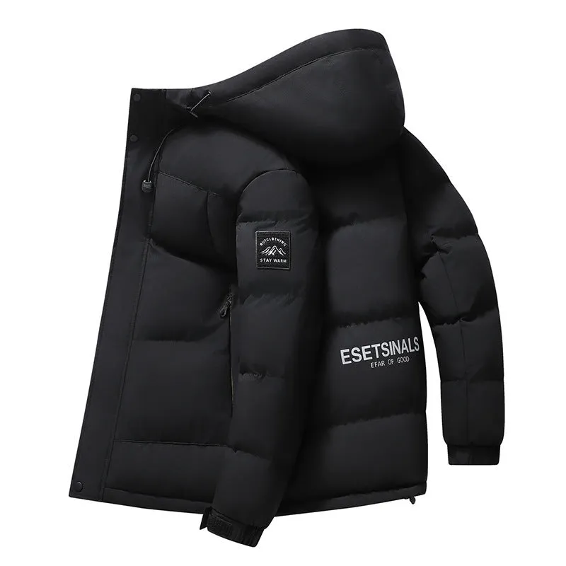 Men's hooded thickened cold-proof coat with polyester filling in black, front view, loose fit