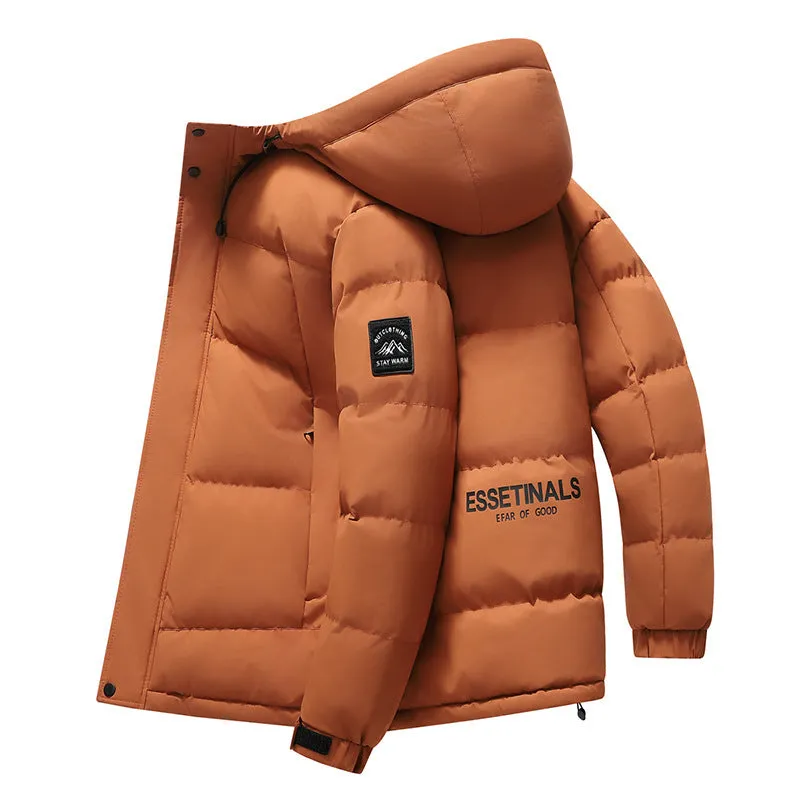 Men's hooded thickened cold-proof coat with polyester filling in black, front view, loose fit