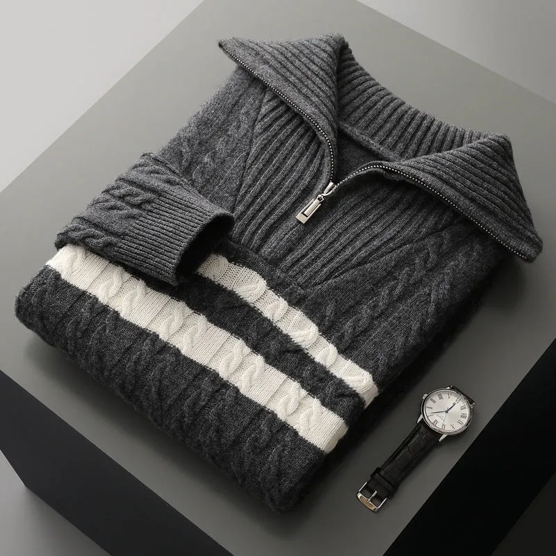 Thickened zipper lapel high collar loose sweater in dark gray with raglan sleeves, front view on model