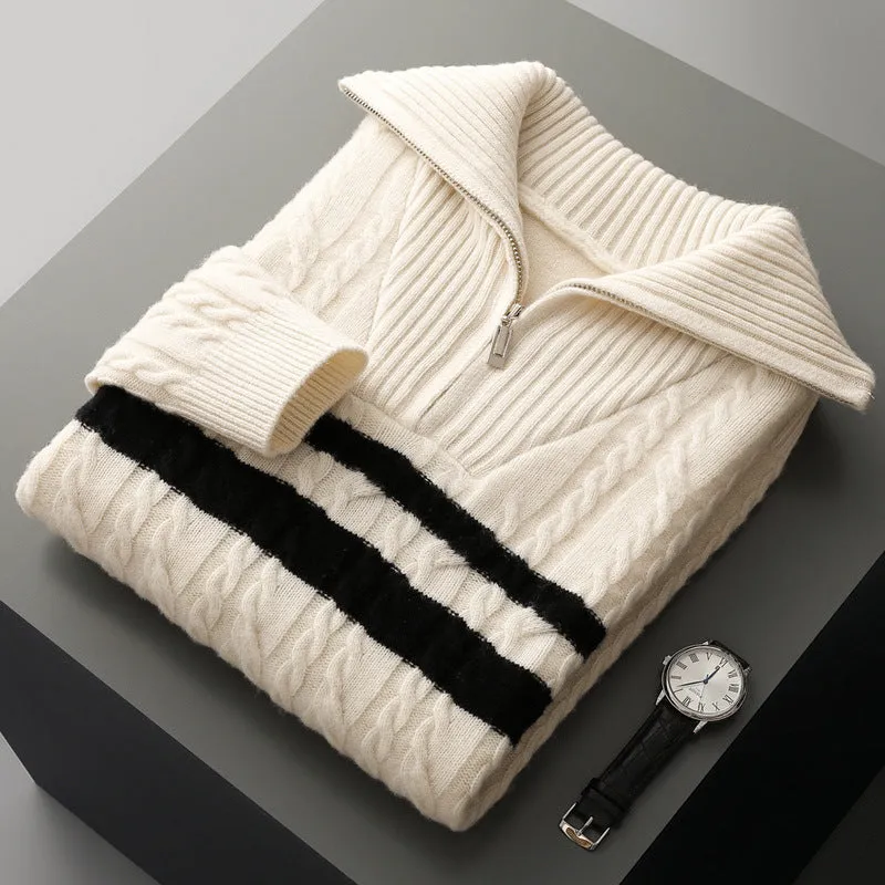 Thickened zipper lapel high collar loose sweater in dark gray with raglan sleeves, front view on model