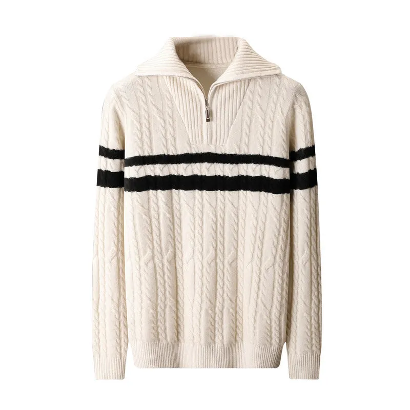 Thickened zipper lapel high collar loose sweater in dark gray with raglan sleeves, front view on model