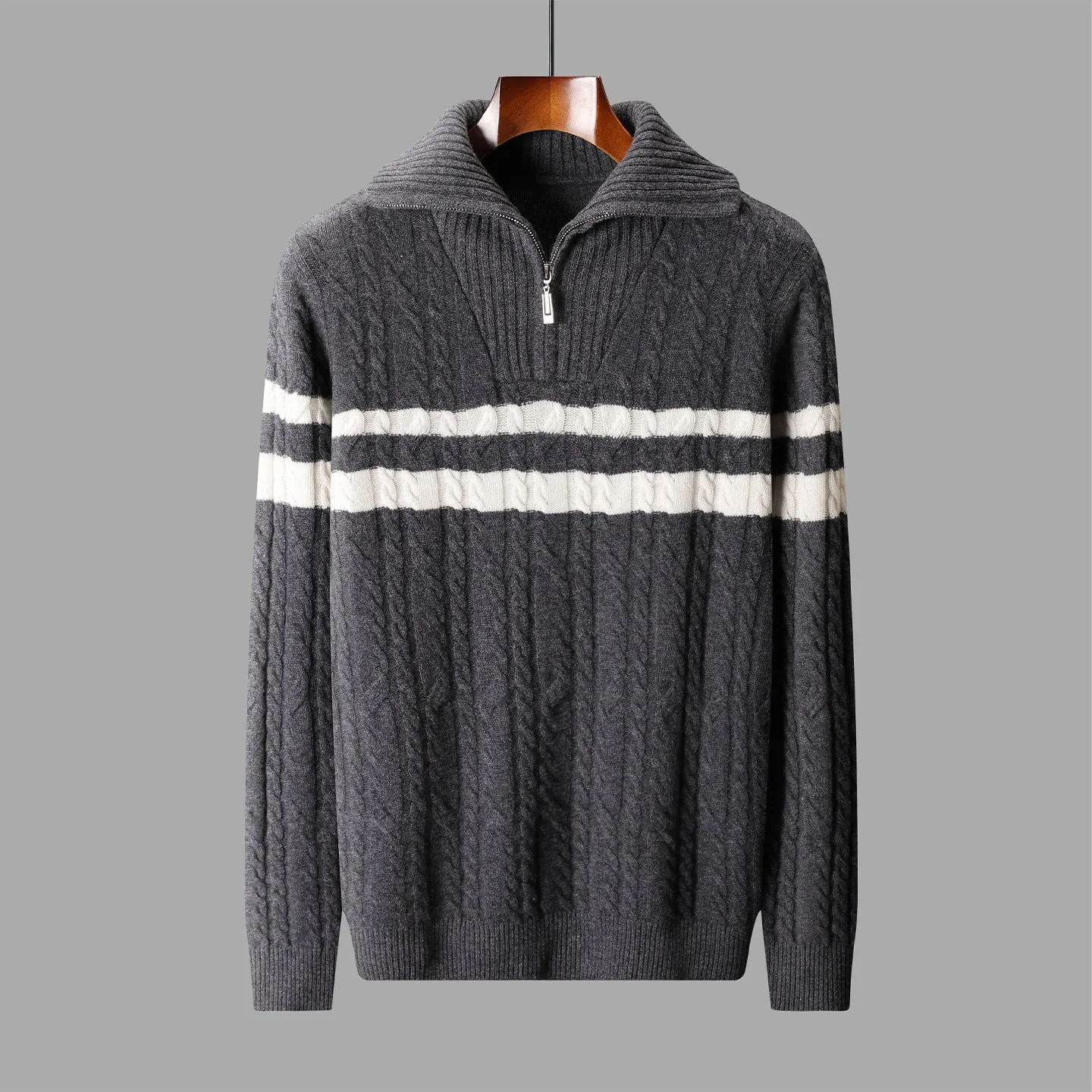 Thickened zipper lapel high collar loose sweater in dark gray with raglan sleeves, front view on model