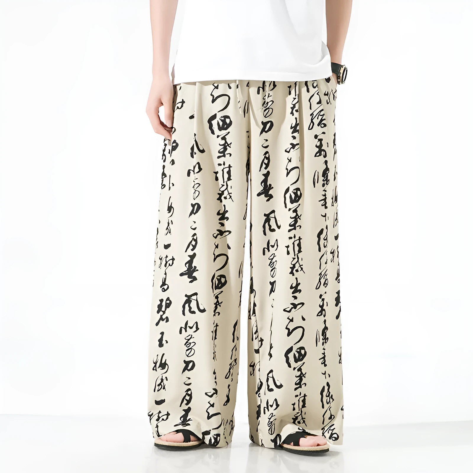 Mens straight-leg trousers in bamboo fibre and ice silk fabric, available in black and khaki colours