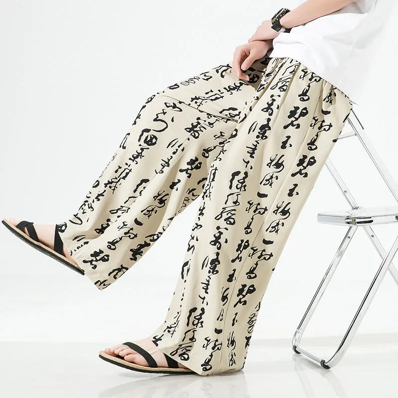 Mens straight-leg trousers in bamboo fibre and ice silk fabric, available in black and khaki colours