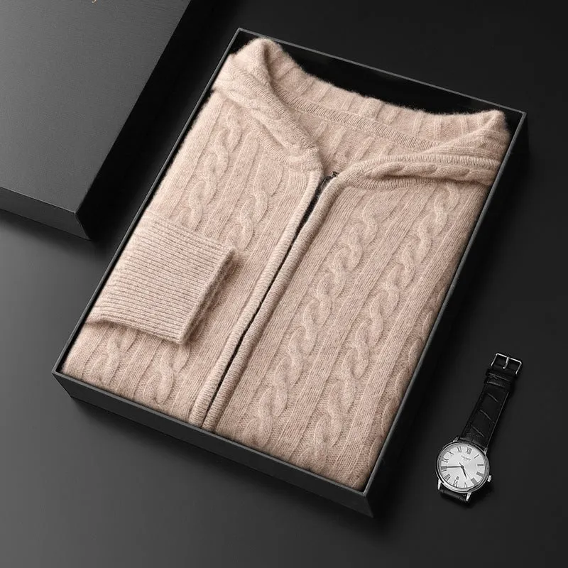 Men's hooded loose thick twist knitted sweater cardigan in Light Camel, long sleeves, sizes S to 3XL