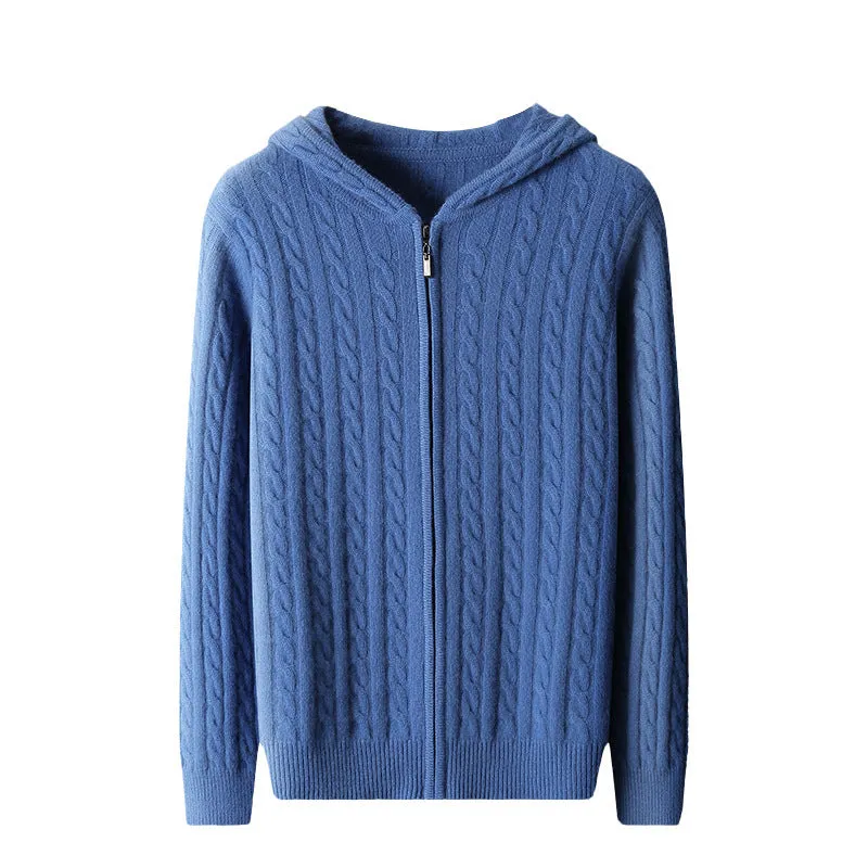 Men's hooded loose thick twist knitted sweater cardigan in Light Camel, long sleeves, sizes S to 3XL