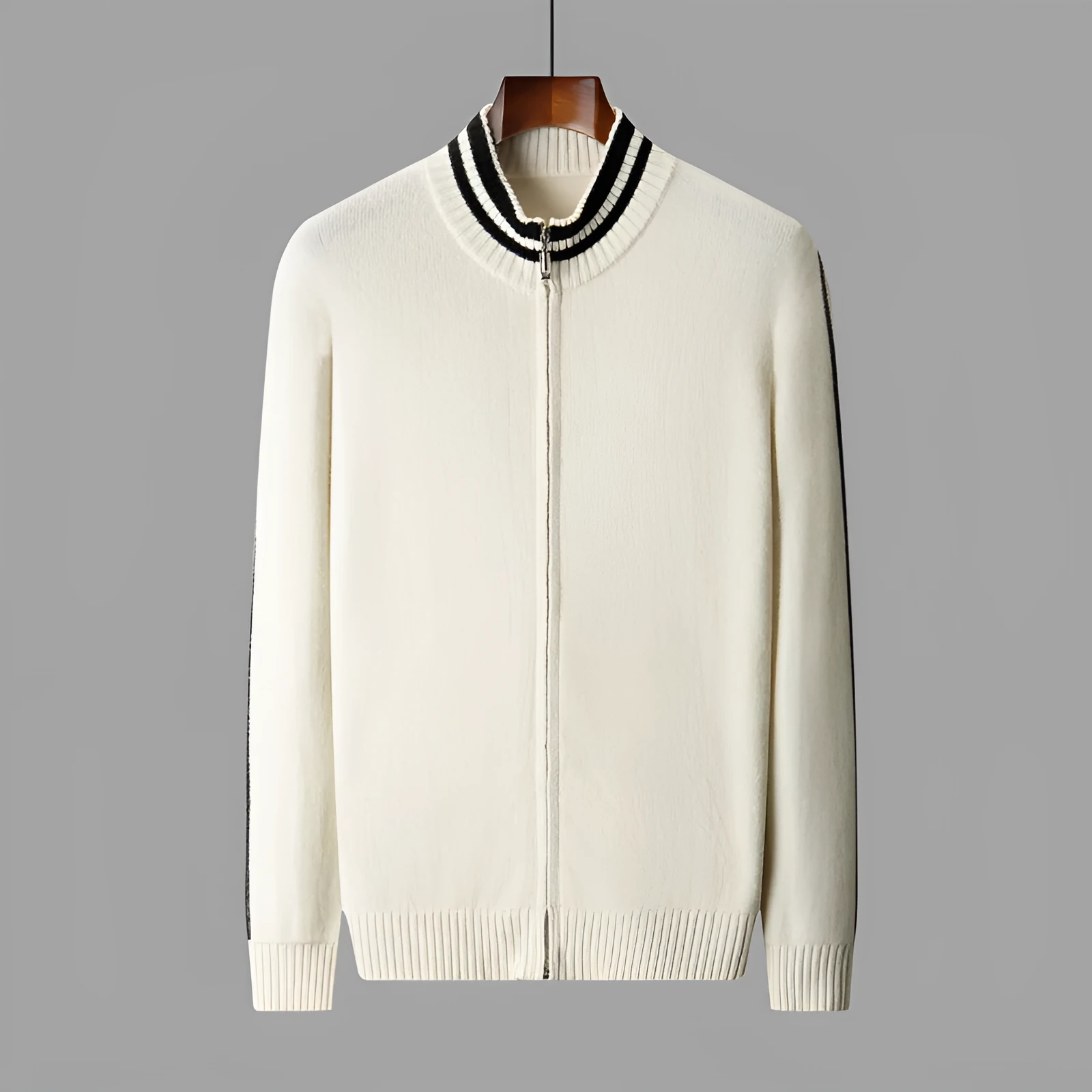 Men's half-high collar striped knitted cardigan sweater in white, front view showing slim fit and all-matching pattern