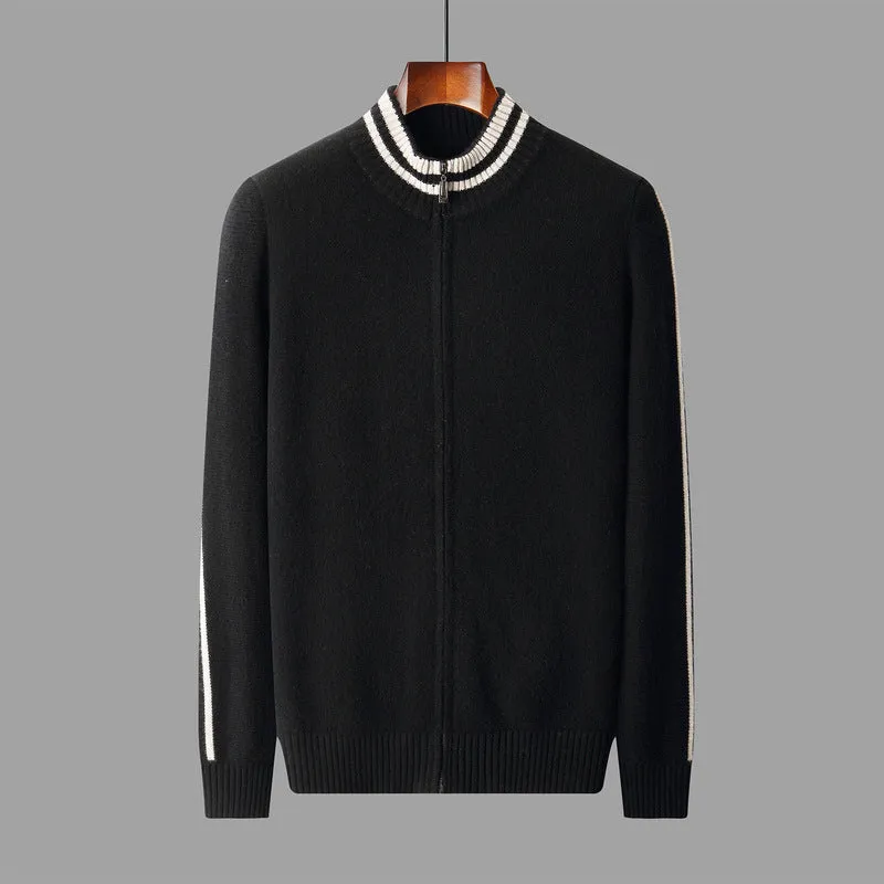 Men's half-high collar striped knitted cardigan sweater in white, front view showing slim fit and all-matching pattern