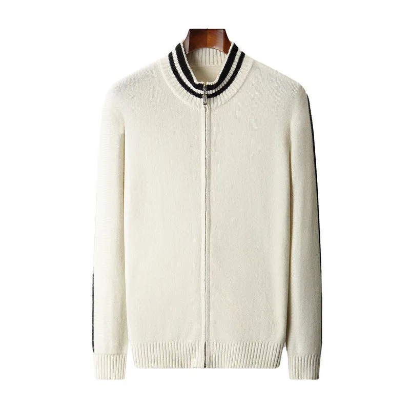 Men's half-high collar striped knitted cardigan sweater in white, front view showing slim fit and all-matching pattern