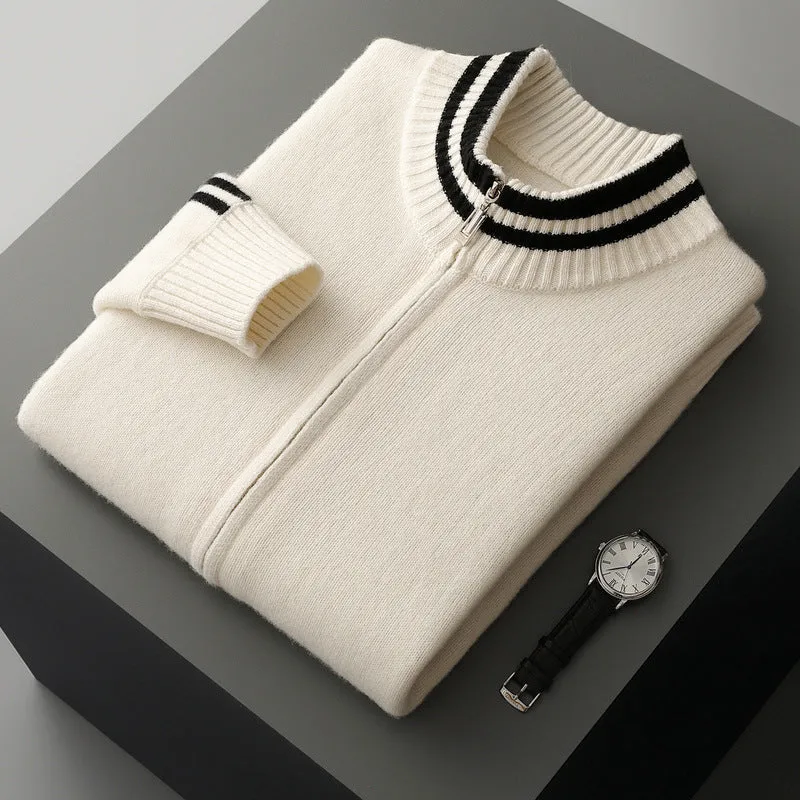 Men's half-high collar striped knitted cardigan sweater in white, front view showing slim fit and all-matching pattern