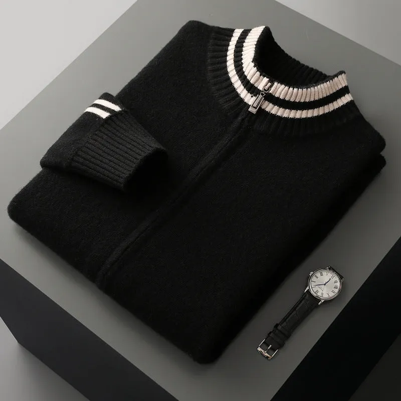 Men's half-high collar striped knitted cardigan sweater in white, front view showing slim fit and all-matching pattern