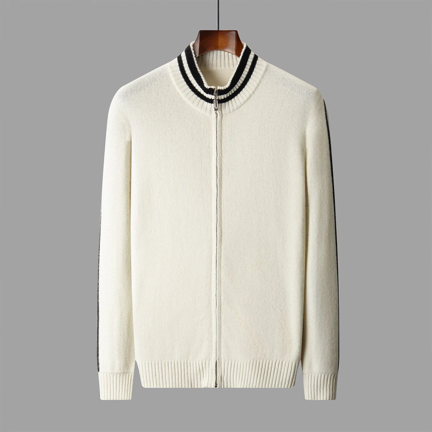 Men's half-high collar striped knitted cardigan sweater in white, front view showing slim fit and all-matching pattern