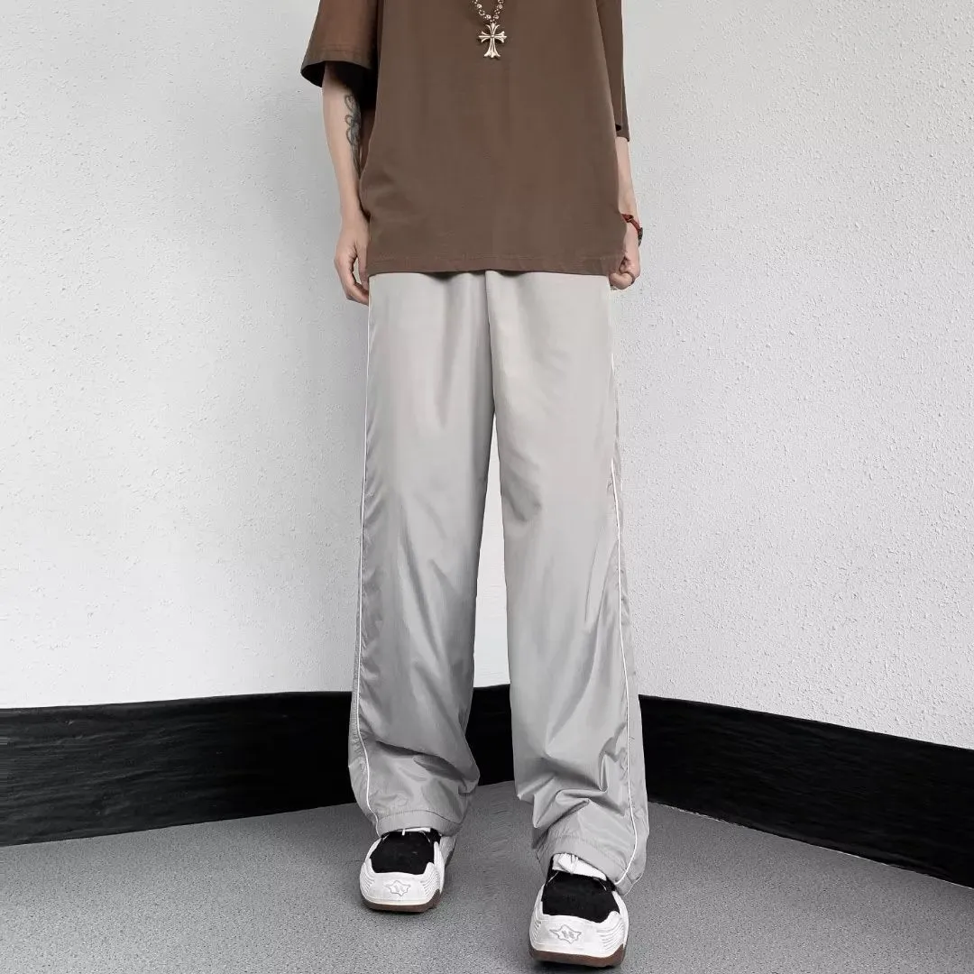 Men's ice silk wide leg striped casual pants in navy blue, mid waist, straight leg, summer loose trousers