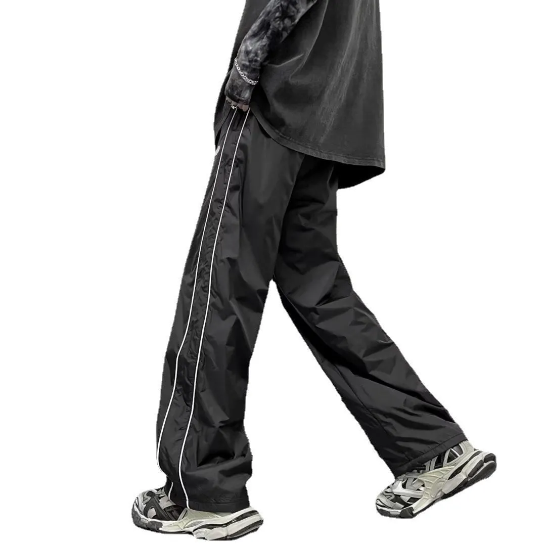 Men's ice silk wide leg striped casual pants in navy blue, mid waist, straight leg, summer loose trousers