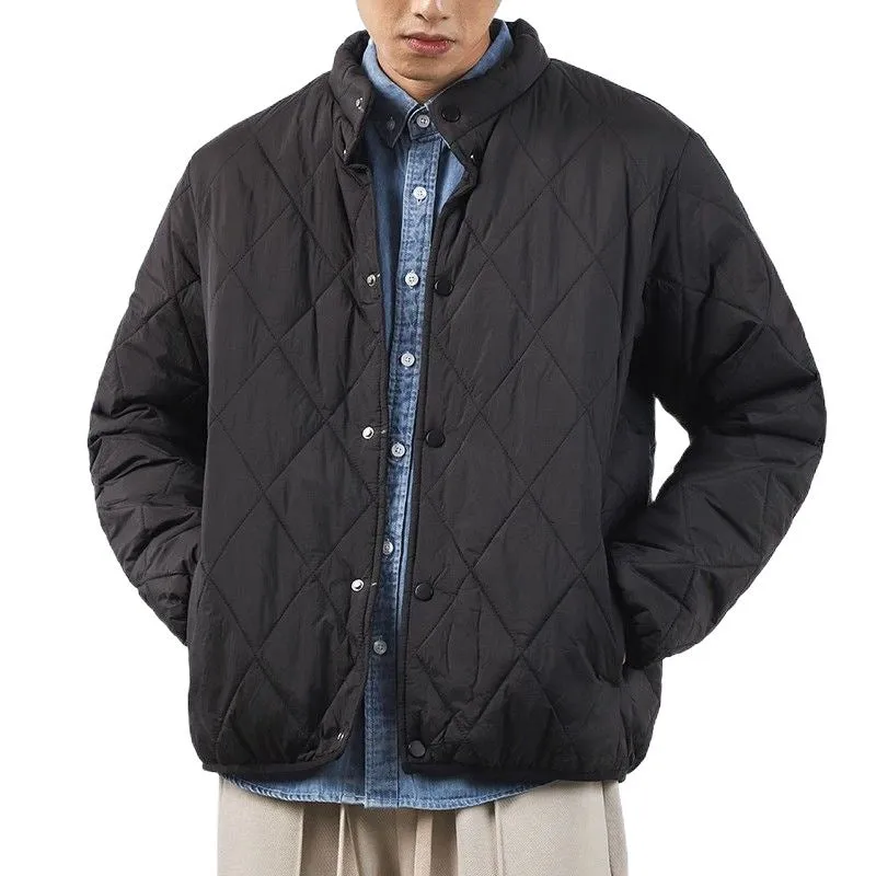 Men's black diamond lattice quilted winter jacket with a loose, longline fit on a hanger.