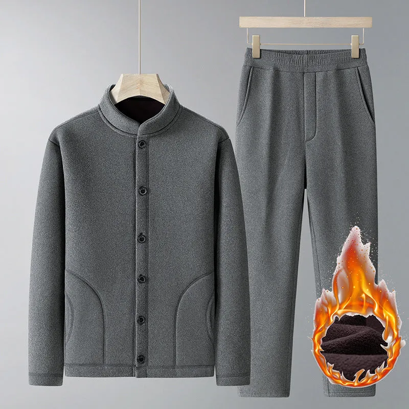 Men wearing dark gray velvet sport suit with long-sleeve jacket and trousers, wool lined winter tracksuit