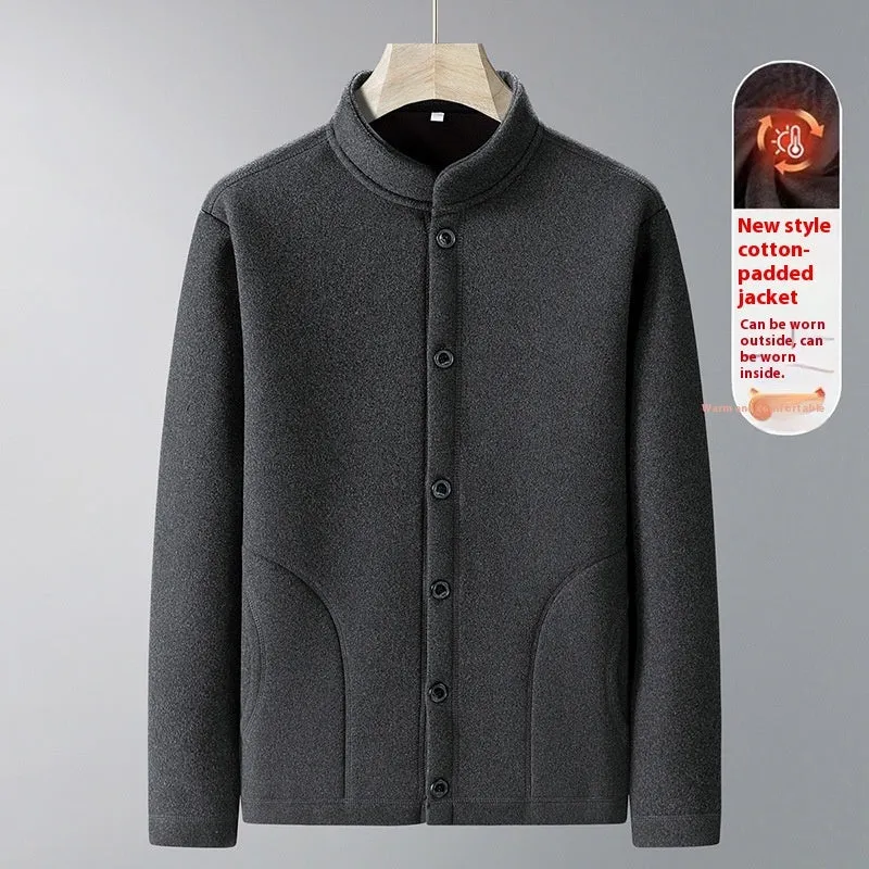 Men wearing dark gray velvet sport suit with long-sleeve jacket and trousers, wool lined winter tracksuit