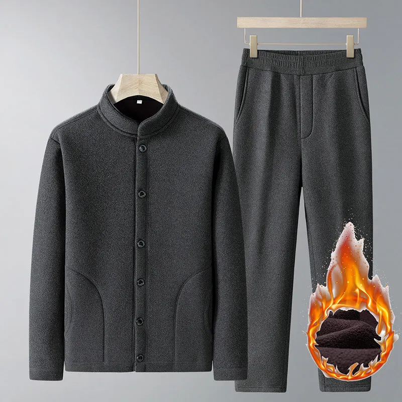 Men wearing dark gray velvet sport suit with long-sleeve jacket and trousers, wool lined winter tracksuit