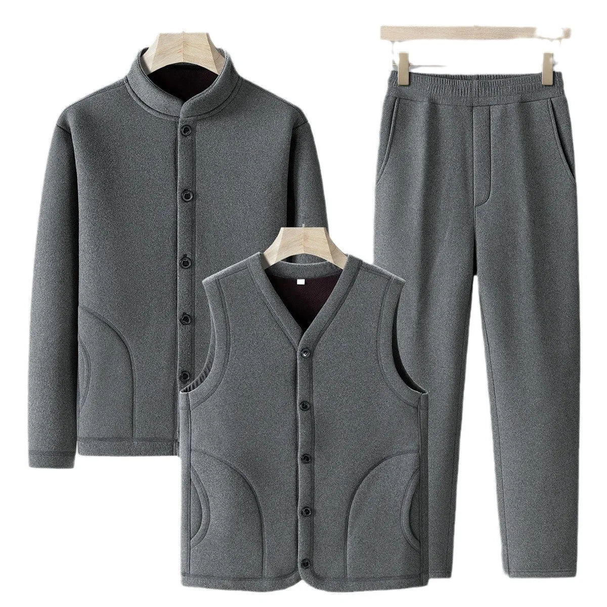 Men wearing dark gray velvet sport suit with long-sleeve jacket and trousers, wool lined winter tracksuit