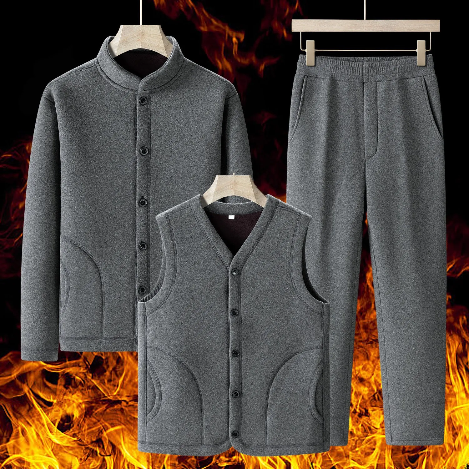 Men wearing dark gray velvet sport suit with long-sleeve jacket and trousers, wool lined winter tracksuit