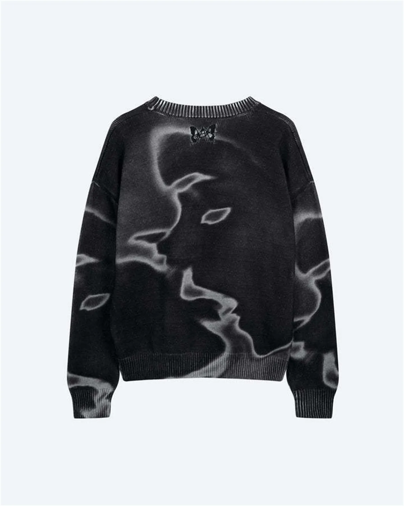 Fashion casual printed polyester sweater in Rose Red, front view, showing printed pattern and crew neckline