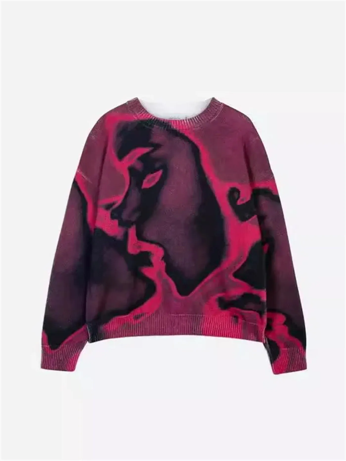 Fashion casual printed polyester sweater in Rose Red, front view, showing printed pattern and crew neckline