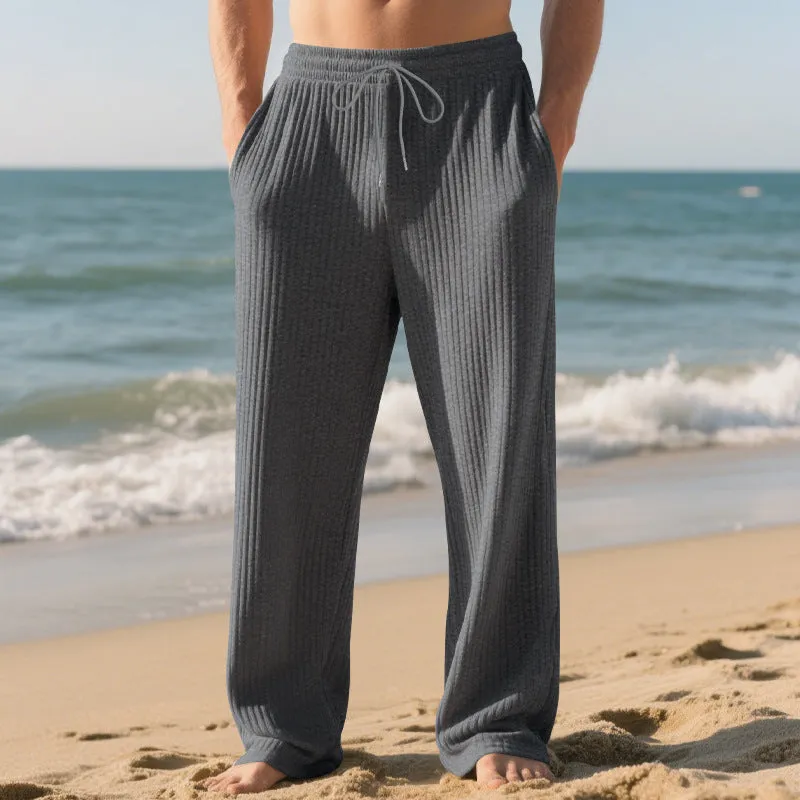 Men's solid colour straight leg trousers with drawstring waist in khaki, side view, size L